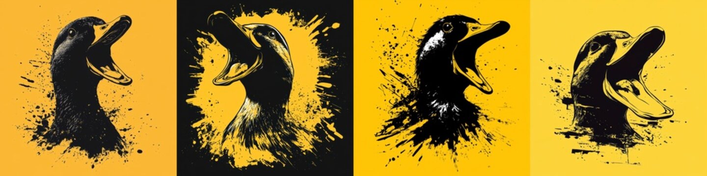 Ducks Squawking in Vector Ink Splatter Style Yellow and Black Illustration Aggressive Avian Imagery