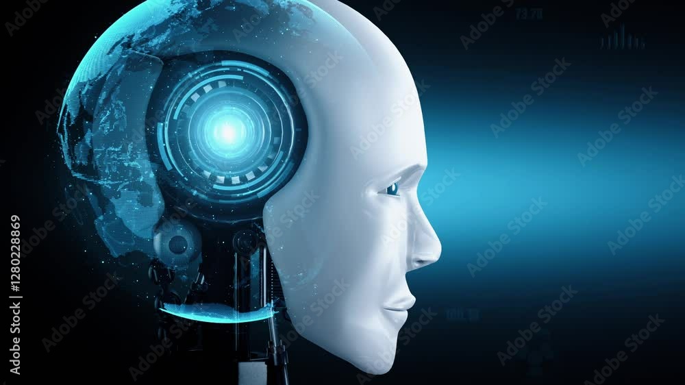 Poster futuristic robot artificial intelligence huminoid ai for industrial factory technology development a
