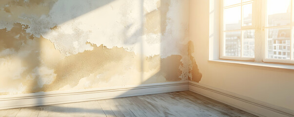 Water damage causing peeling paint and mold growth in a room near a window illustrating home maintenance issues