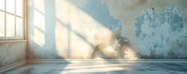 Water damage causing peeling paint and mold growth in a room near a window illustrating home maintenance issues