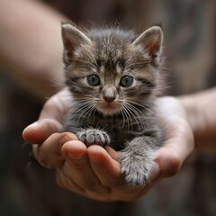 Someone holding a small cat on his palm