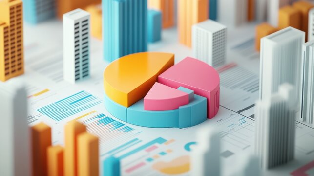 Colorful pie charts on a financial report amidst a modern cityscape with skyscrapers - Powered by Adobe