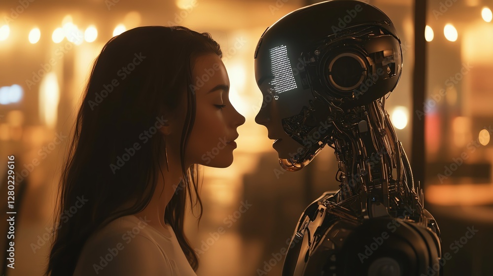 Poster connection between human and robot in an intimate moment during twilight in a modern setting