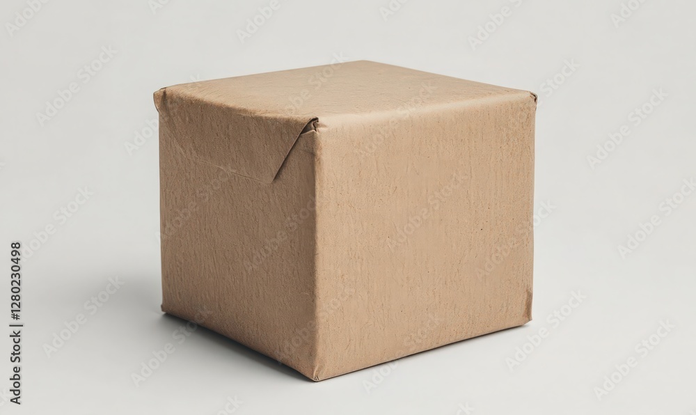 Poster textured brown cube centered on pale gray background with soft directional lighting