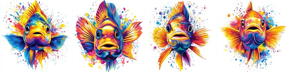 Vivid and Energetic Watercolor Fish Portraits in a Harmonious Multi Colored Array on White Background
