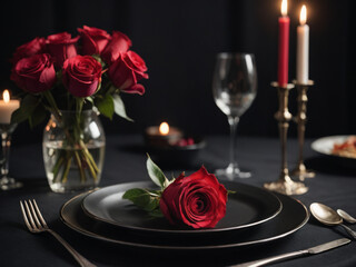 Romantic Birthday Dinner with Elegant Table Setting and Red Roses