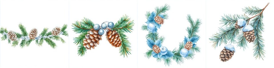 Evergreen Branches with Pine Cones and Berries Decorative Watercolor Winter Holiday Elements Set