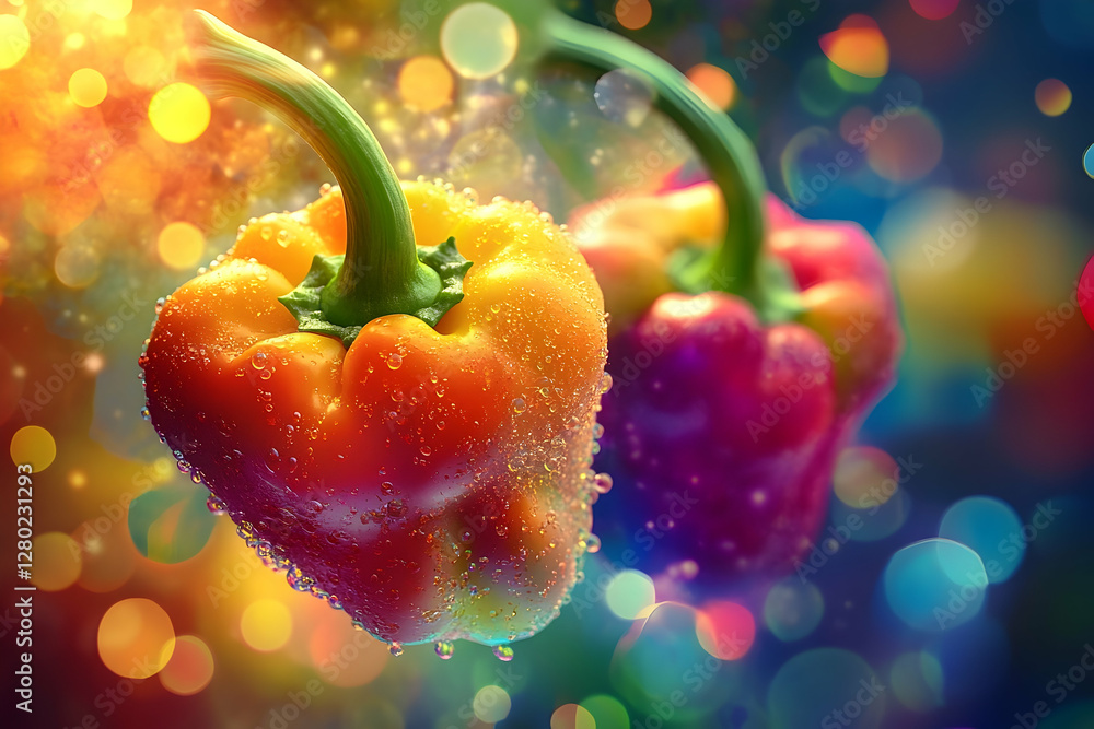 Poster colorful bell peppers with bokeh background creating a vibrant display