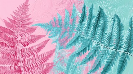 Vibrant Fern Leaves in Pink and Teal Tones with Detailed Texture for Artistic Background or Nature Design