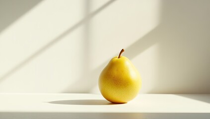 Yellow pear on white surface, sunlit shadows, window light