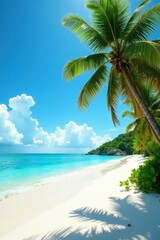 Azure water laps white sand, palm trees sway in gentle breeze , nature, waves