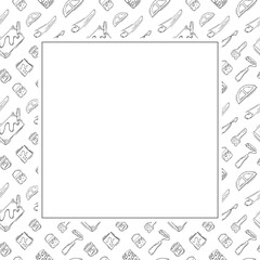 artist tool frame. doodle art supplies square frame. hand drawn artist kit background