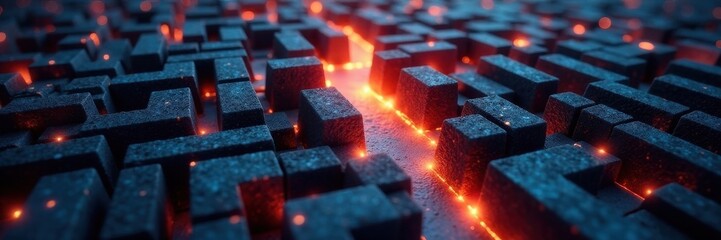 Close-up intricate maze, light highlighting a single path, innovation, decision