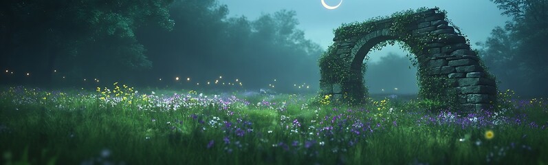 Naklejka premium A captivating image of ancient ruins overrun by vibrant wildflowers under soft sunlight.
