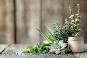 A peaceful botanical still-life composition with delicate succulents placed artistically on a wooden table.
