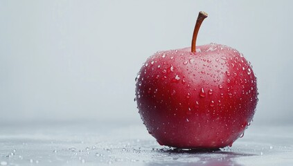 Fresh Red Apple with Water Droplets on Gray Background