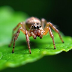 Spider's abdomen and pedipalps inject venom into fly on leaf, hunting, insect, leaf