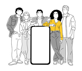 Business team, young men and women standing near huge smartphone with blank screen. Online, mobile offer, discount, advertising, marketing concept. Vector outline drawing isolated 