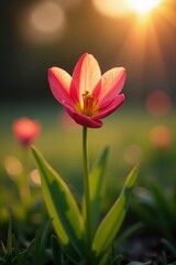 Fototapeta premium Sunlight illuminates a single spring flower being carefully picked , detail, pretty