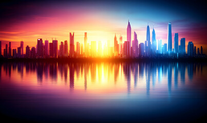 Fototapeta premium Vibrant cityscape reflected in calm water at sunset; dramatic, colorful skyline.