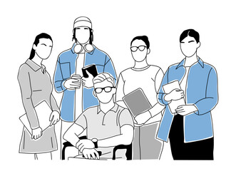 Diverse multiracial, multiethnic young business men, women standing together. Inclusive Business team concept. Modern vector outline drawings for graphic, web design Isolated