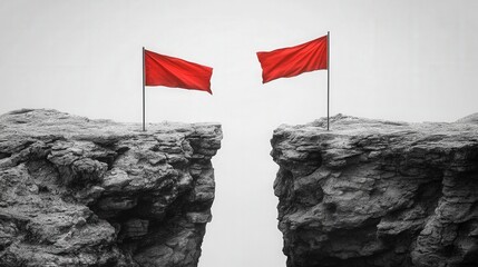 Two red flags stand tall on opposing rocky cliffs, symbolizing conflict and division in a stark landscape