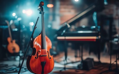 Fototapeta premium Double bass on stage with piano in background. Possible use for music poster