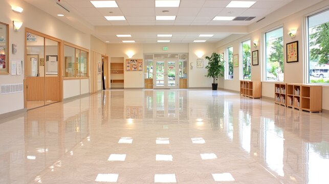 Bright school hallway, spacious lobby, natural light, learning environment, educational setting