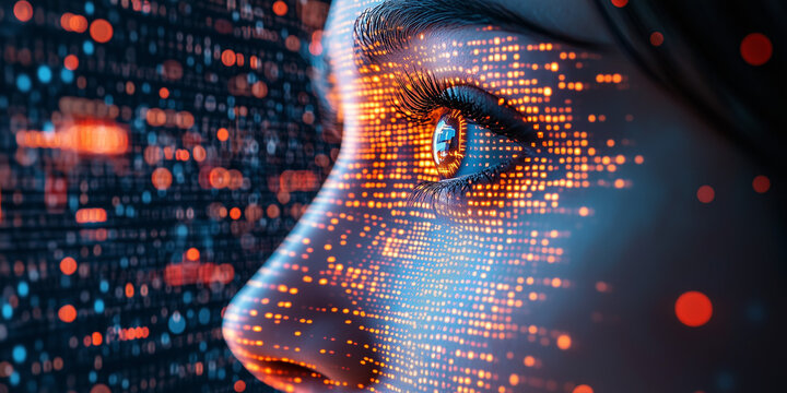 Close-up of a woman's profile with digital data overlay on her face. Futuristic, technology, and AI concepts merging human and digital elements.