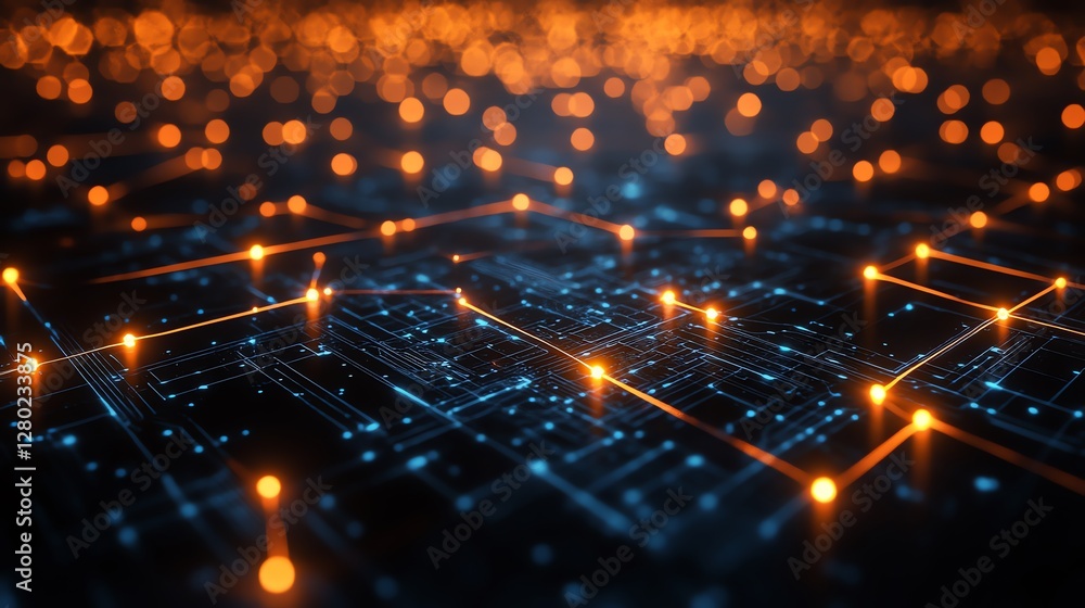 Poster abstract network technology background with orange glowing nodes