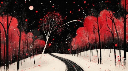 Crimson winter abstract landscape painted snow scene through vivid forest trees pathway mysterious atmosphere dark night artistic nature