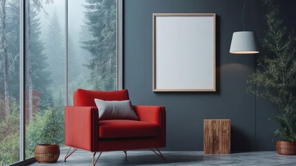 Modern interior design with a red armchair and a blank poster frame on a grey wall