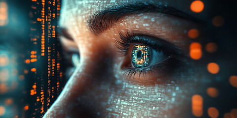 Close-up of a woman's profile with digital data overlay on her face. Futuristic, technology, and AI concepts merging human and digital elements.
