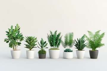 Fototapeta premium A perfectly balanced set of potted succulents and ferns, minimalist white background, high-resolution 3D illustration, subtle highlights