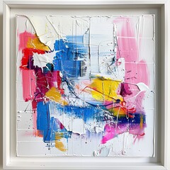 Obraz premium Abstract Painting in Black Frame: A Front-Facing View of a Colorful Abstract Painting with Brushstrokes and Splatters in a Black Frame, Evoking Modern Art and Interior Decor.