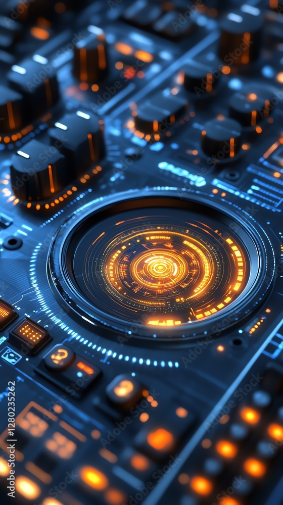 Poster futuristic tech interface control panel design with orange glow