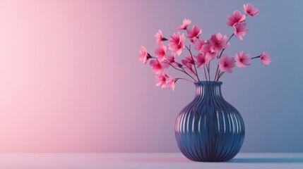 Photo of a blue vase with pink flowers on a light purpel background, with copy space for text. banner template design