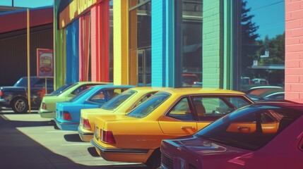 Fototapeta premium Retro Colorful Cars Parked in Front of a Vibrant Building