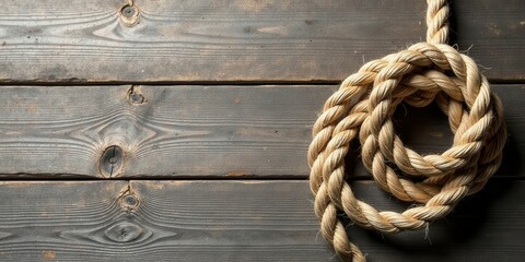 Obraz premium Thick nautical rope coiled on aged wooden planks, suggesting strength, seafaring, and rustic charm.