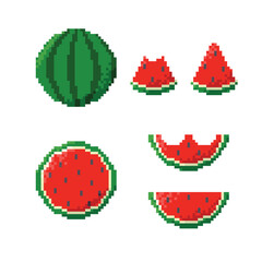 Pixel art watermelons collection. Fresh berry in 8 bit retro style. Set of cartoon mosaic icons of different types of watermelon