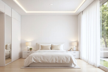 modern minimalist bedroom large window greenery large bed