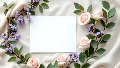 Floral arrangement, pale pink roses, lavender sprigs, white fabric backdrop