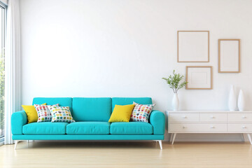 modern living room large window white sideboard turquoise sofa