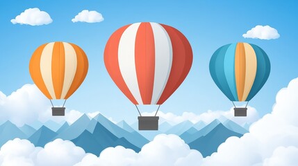 Naklejka premium Colorful pixelated hot air balloons soar over misty mountain range in the clear skies ideal for travel promotion