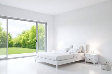 modern minimalist bedroom large window greenery white bed white nightstands