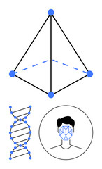 Pyramid with blue nodes, DNA helix, and facial recognition in circular frame. Ideal for technology, AI, genetics, biometrics, networks data science healthcare. Abstract line flat metaphor