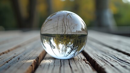 A close-up of a clear glass sphere on a wooden table, with an inverted reflection of trees and sky. Ideal for nature, abstract, and optical illusion concepts.
