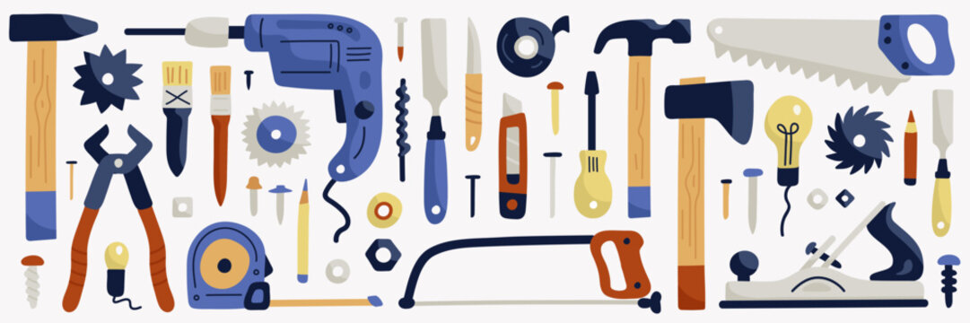 Construction tools for home repairs. Mechanic tools cartoon doodle set isolated on white background. Hammer, drill, screwdriver, hacksaw, chisel, light bulb. Vector illustration