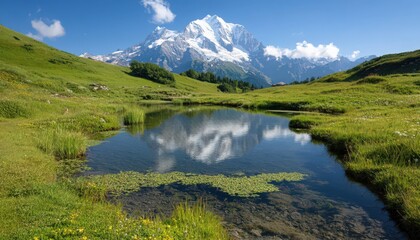 Obraz premium Snow Capped Peak Reflected in Serene Mountain Lake, Lush Green Meadow Wildflowers