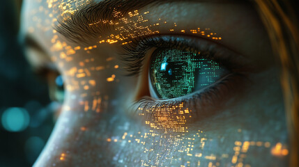 Close-up of a woman's profile with digital data overlay on her face. Futuristic, technology, and AI concepts merging human and digital elements.